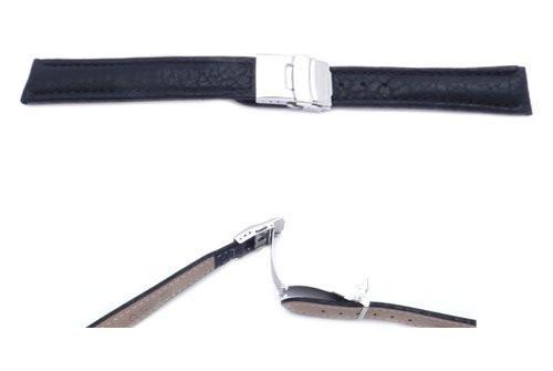 Black Textured Leather Long Watch Strap with Deployment Buckle