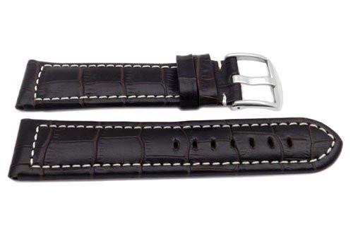 Genuine Leather Long Alligator Grain Brown Matte White Stitching Watch Strap