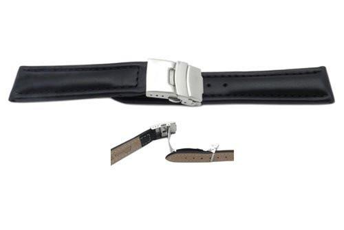 Smooth Waterproof Genuine Black Leather Deployant Buckle Watch Strap