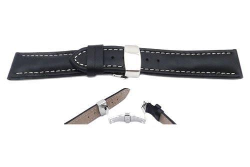 Smooth Waterproof Genuine Black Leather White Stitching Double Fold-Over Buckle Watch Band