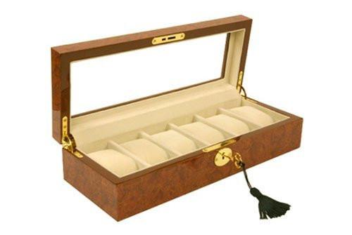 Burlwood Finish Watch Box for 6 Watches-Red Orange