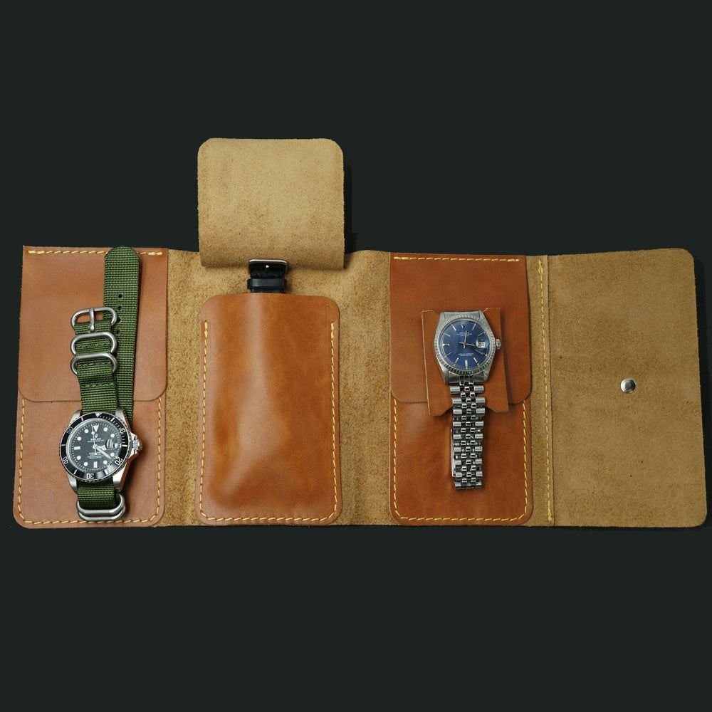 Tan Leather Wide Watch Roll for 3 watches image